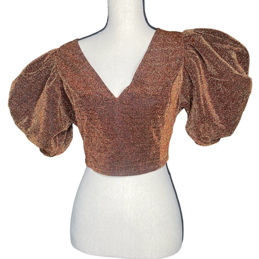 PRIVY Glitter Puff Sleeve Cropped Top M